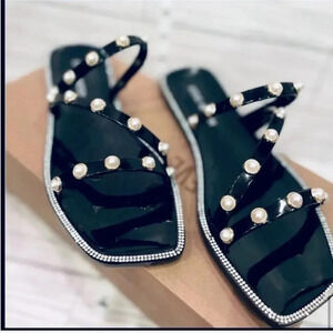 - STEVE MADDEN NIB "NONII" BLACK JELLY PEARL BLING RHINESTONE SLIDE SANDAL 7